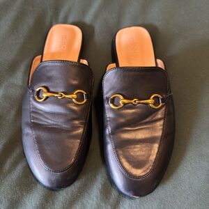 Black Leather Mules with Gold Accent